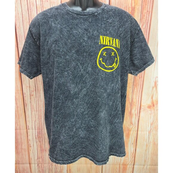 Nirvana Washed Black T-Shirt Large Yellow Smiley Logo - Picture 1 of 7